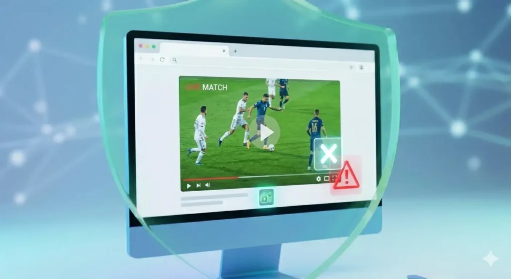 A live match video stream active while a warning cursor dismisses a fake red warning alert prompt asking for a codec download.