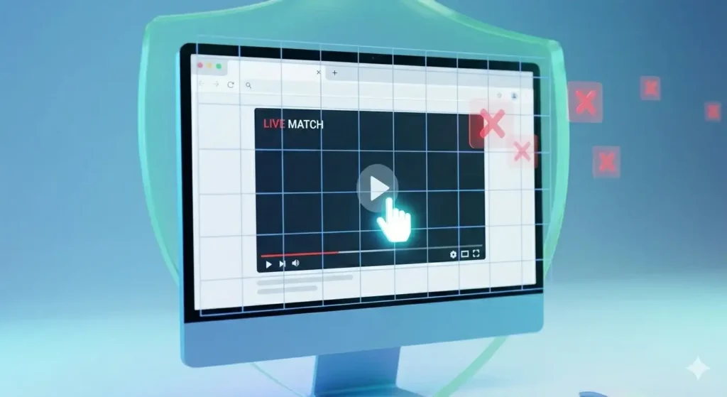 A technical infographic showing a user clicking past invisible blue grid advertisement overlays covering an HTML5 video stream player.