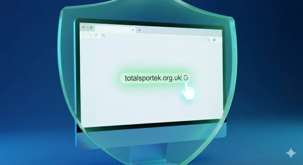 A highlighted browser address bar explicitly displaying the real website domain totalsportek.org.uk inside a secure green glowing frame.