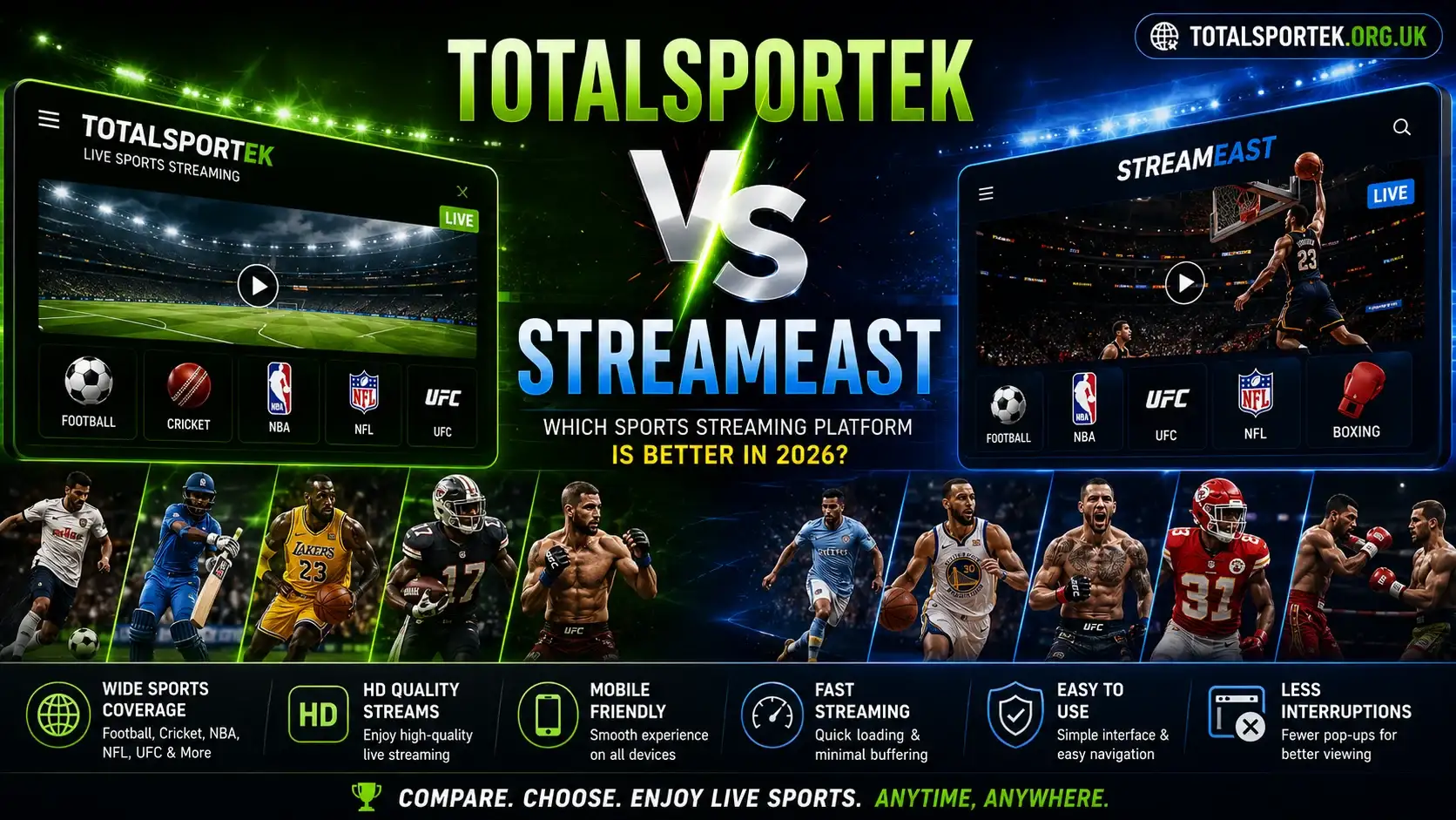 TotalSportek vs StreamEast comparison showing football, cricket, NBA, NFL, UFC, and boxing sports streaming coverage in 2026