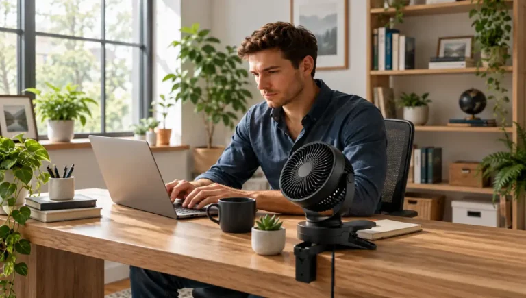 Man working on laptop with desk fan in home office